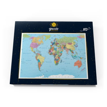 Darstellung des Puzzle Motivs Farbige Weltkarte - Grenzen, Länder, Straßen und Städte 100 Puzzle Schachtel Ansicht3