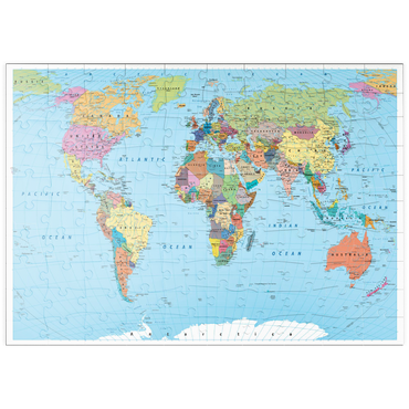 Darstellung des Puzzle Motivs puzzleplate Farbige Weltkarte - Grenzen, Länder, Straßen und Städte 100 Puzzle