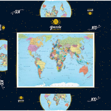 Darstellung des Puzzle Motivs Farbige Weltkarte - Grenzen, Länder, Straßen und Städte 100 Puzzle Schachtel 3D Modell