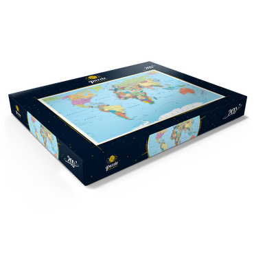 Darstellung des Puzzle Motivs Farbige Weltkarte - Grenzen, Länder, Straßen und Städte 200 Puzzle Schachtel Ansicht1