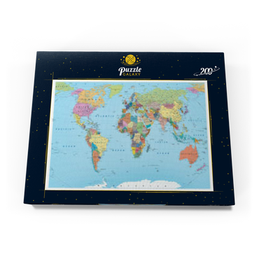 Darstellung des Puzzle Motivs Farbige Weltkarte - Grenzen, Länder, Straßen und Städte 200 Puzzle Schachtel Ansicht3
