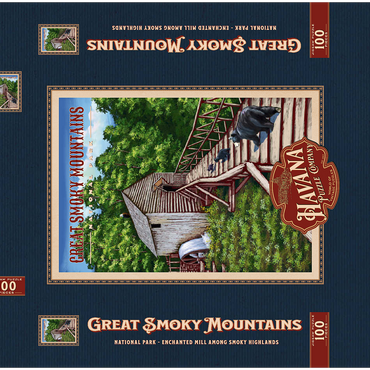 Darstellung des Puzzle Motivs Great Smoky Mountains National Park - Enchanted Mill Among Smoky Highlands, Vintage Travel Poster 100 Puzzle Schachtel 3D Modell