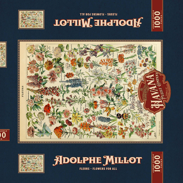 Darstellung des Puzzle Motivs Fleurs - Blumen für Alle, Vintage Art Poster, Adolphe Millot 1000 Puzzle Schachtel 3D Modell