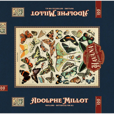 Darstellung des Puzzle Motivs Papillons - Butterflies For All, Vintage Art Poster, Adolphe Millot 100 Puzzle Schachtel 3D Modell