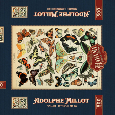 Darstellung des Puzzle Motivs Papillons - Butterflies For All, Vintage Art Poster, Adolphe Millot 500 Puzzle Schachtel 3D Modell