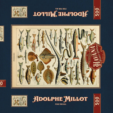 Darstellung des Puzzle Motivs Fish For All, Vintage Art Poster, Adolphe Millot 500 Puzzle Schachtel 3D Modell