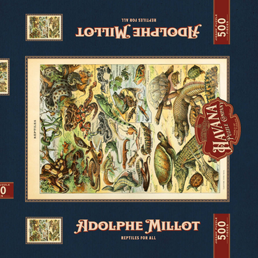 Darstellung des Puzzle Motivs Reptiles For All, Vintage Art Poster, Adolphe Millot 500 Puzzle Schachtel 3D Modell