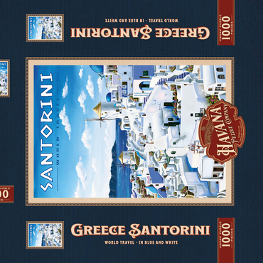 Darstellung des Puzzle Motivs Greece Santorini - In Blue and White, Vintage Travel Poster 1000 Puzzle Schachtel 3D Modell