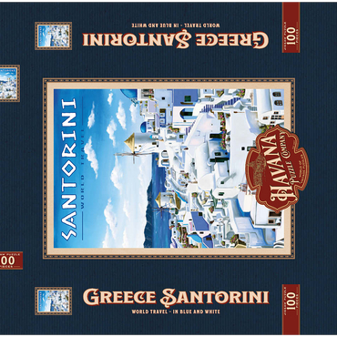 Darstellung des Puzzle Motivs Greece Santorini - In Blue and White, Vintage Travel Poster 100 Puzzle Schachtel 3D Modell
