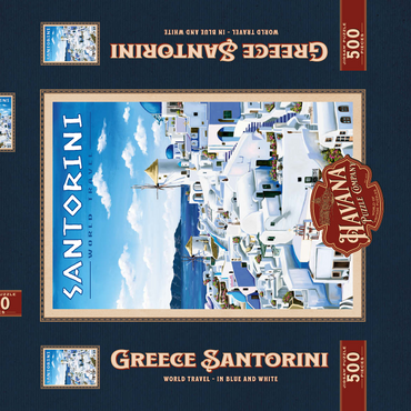Darstellung des Puzzle Motivs Greece Santorini - In Blue and White, Vintage Travel Poster 500 Puzzle Schachtel 3D Modell