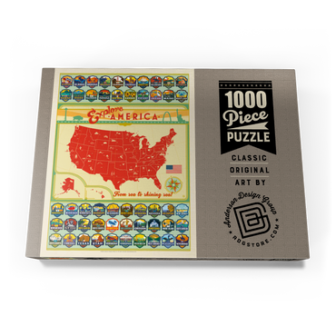 Darstellung des Puzzle Motivs Entdecke Amerika: 50 Staatswappen, Vintage Poster 1000 Puzzle Schachtel Ansicht3