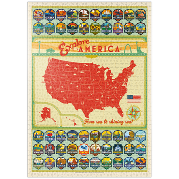 Darstellung des Puzzle Motivs puzzleplate Entdecke Amerika: 50 Staatswappen, Vintage Poster 1000 Puzzle