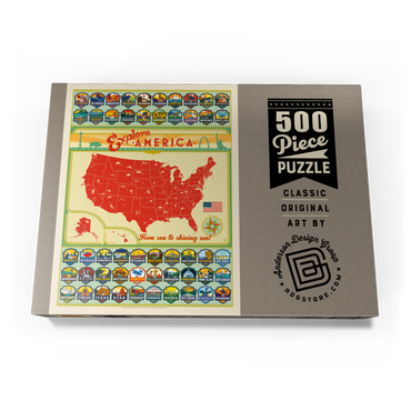 Darstellung des Puzzle Motivs Entdecke Amerika: 50 Staatswappen, Vintage Poster 500 Puzzle Schachtel Ansicht3