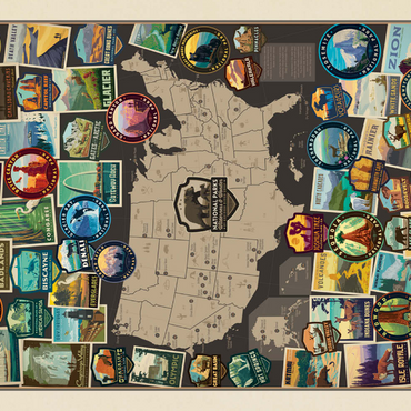 Darstellung des Puzzle Motivs 63-Image National Parks Collage Map, Vintage Poster 500 Puzzle 3D Modell