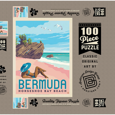 Darstellung des Puzzle Motivs Bermuda: Horseshoe Bay Beach, Vintage Poster 100 Puzzle Schachtel 3D Modell