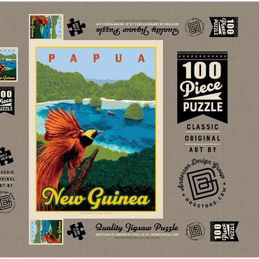 Darstellung des Puzzle Motivs Papua New Guinea: Ein Paradies biologischer Vielfalt, Vintage Poster 100 Puzzle Schachtel 3D Modell
