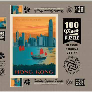 Darstellung des Puzzle Motivs China: Hong Kong, Victoria Harbor, Vintage Poster 100 Puzzle Schachtel 3D Modell