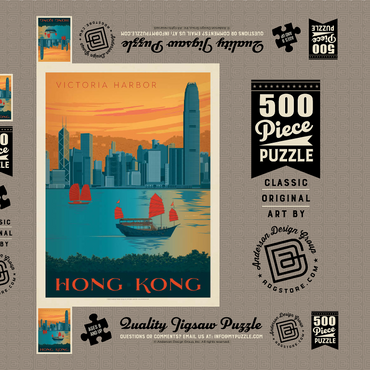 Darstellung des Puzzle Motivs China: Hong Kong, Victoria Harbor, Vintage Poster 500 Puzzle Schachtel 3D Modell