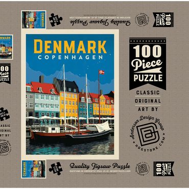 Darstellung des Puzzle Motivs Denmark: Copenhagen, Vintage Poster 100 Puzzle Schachtel 3D Modell