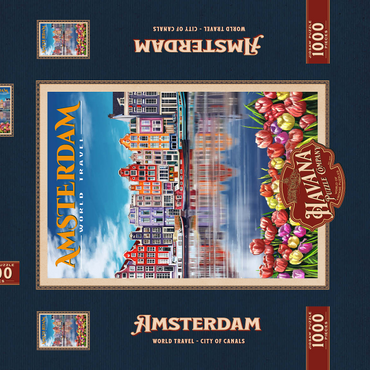 Darstellung des Puzzle Motivs Amsterdam, Netherlands - City of Canals, Vintage Travel Poster 1000 Puzzle Schachtel 3D Modell