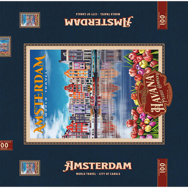 Darstellung des Puzzle Motivs Amsterdam, Netherlands - City of Canals, Vintage Travel Poster 100 Puzzle Schachtel 3D Modell