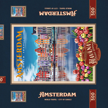 Darstellung des Puzzle Motivs Amsterdam, Netherlands - City of Canals, Vintage Travel Poster 500 Puzzle Schachtel 3D Modell