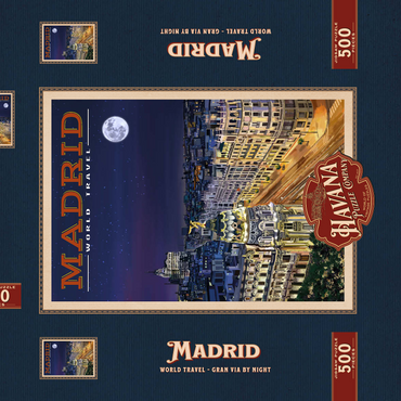 Darstellung des Puzzle Motivs Madrid, Spain - Gran Vía by Night, Vintage Travel Poster 500 Puzzle Schachtel 3D Modell