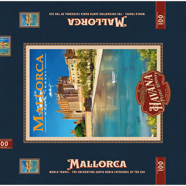 Darstellung des Puzzle Motivs Palma de Mallorca, Spain - The Enchanting Santa Maria Cathedral by the Sea, Vintage Travel Poster 100 Puzzle Schachtel 3D Modell