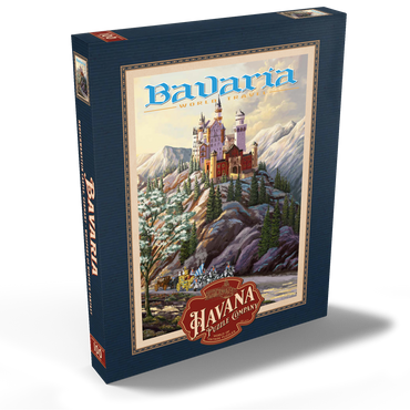 Darstellung des Puzzle Motivs Neuschwanstein Castle, Germany - Whispers of Winter's Fantasy, Vintage Travel Poster 100 Puzzle Schachtel Ansicht2