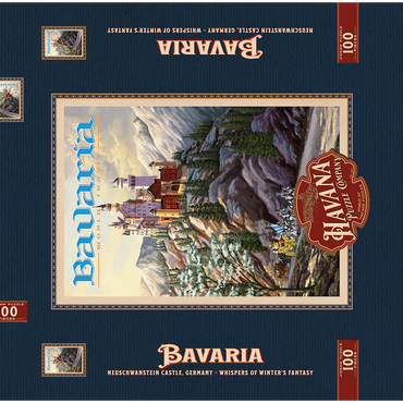Darstellung des Puzzle Motivs Neuschwanstein Castle, Germany - Whispers of Winter's Fantasy, Vintage Travel Poster 100 Puzzle Schachtel 3D Modell