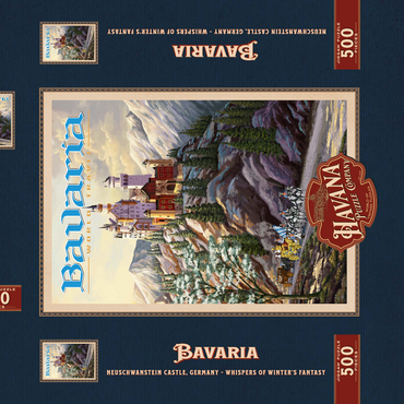 Darstellung des Puzzle Motivs Neuschwanstein Castle, Germany - Whispers of Winter's Fantasy, Vintage Travel Poster 500 Puzzle Schachtel 3D Modell