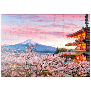 Darstellung des Puzzle Motivs puzzleplate Kirschblüte an der Chureito Pagode mit Blick auf den Mount Fuji - Japan 100 Puzzle