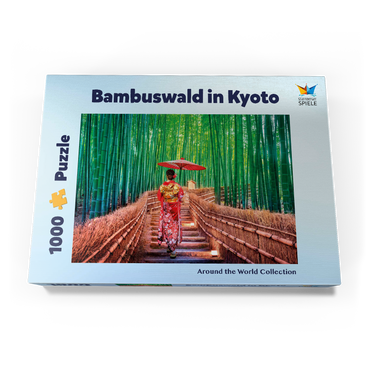 Darstellung des Puzzle Motivs Frau im traditionellen Kimono im Bambuswald bei Kyoto, Japan 1000 Puzzle Schachtel Ansicht3