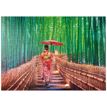 Darstellung des Puzzle Motivs puzzleplate Frau im traditionellen Kimono im Bambuswald bei Kyoto, Japan 1000 Puzzle