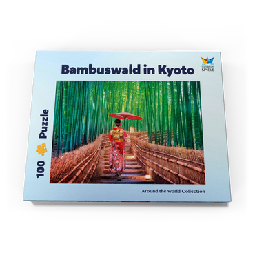 Darstellung des Puzzle Motivs Frau im traditionellen Kimono im Bambuswald bei Kyoto, Japan 100 Puzzle Schachtel Ansicht3
