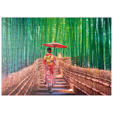Darstellung des Puzzle Motivs puzzleplate Frau im traditionellen Kimono im Bambuswald bei Kyoto, Japan 200 Puzzle