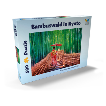 Darstellung des Puzzle Motivs Frau im traditionellen Kimono im Bambuswald bei Kyoto, Japan 500 Puzzle Schachtel Ansicht2