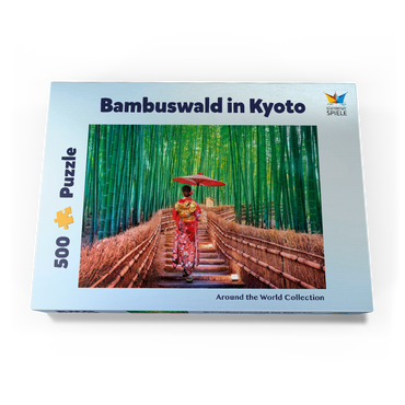 Darstellung des Puzzle Motivs Frau im traditionellen Kimono im Bambuswald bei Kyoto, Japan 500 Puzzle Schachtel Ansicht3