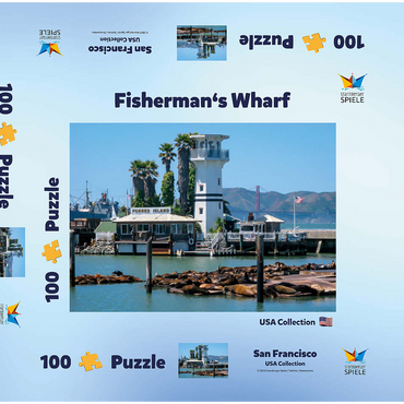 Darstellung des Puzzle Motivs Seelöwenkolonie am Pier 39 des Fisherman's Wharf - San Francisco, Kalifornien, USA 100 Puzzle Schachtel 3D Modell