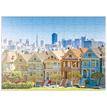 Darstellung des Puzzle Motivs puzzleplate Skyline von San Francisco mit den Painted Ladies am Alamo Square im Vordergrund - Kalifornien, USA 100 Puzzle