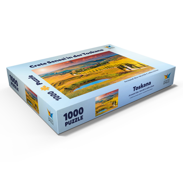 Darstellung des Puzzle Motivs Sonnenuntergang in malerischer Toskana-Landschaft - Crete Senesi, Italien 1000 Puzzle Schachtel Ansicht1