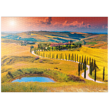 Darstellung des Puzzle Motivs puzzleplate Sonnenuntergang in malerischer Toskana-Landschaft - Crete Senesi, Italien 1000 Puzzle