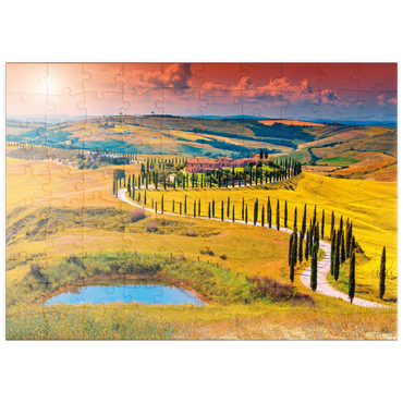 Darstellung des Puzzle Motivs puzzleplate Sonnenuntergang in malerischer Toskana-Landschaft - Crete Senesi, Italien 100 Puzzle