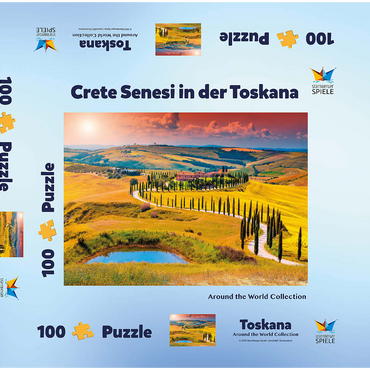 Darstellung des Puzzle Motivs Sonnenuntergang in malerischer Toskana-Landschaft - Crete Senesi, Italien 100 Puzzle Schachtel 3D Modell