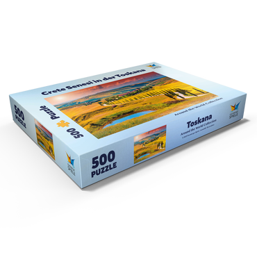 Darstellung des Puzzle Motivs Sonnenuntergang in malerischer Toskana-Landschaft - Crete Senesi, Italien 500 Puzzle Schachtel Ansicht1