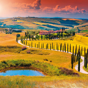 Darstellung des Puzzle Motivs Sonnenuntergang in malerischer Toskana-Landschaft - Crete Senesi, Italien 500 Puzzle 3D Modell