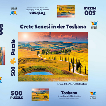 Darstellung des Puzzle Motivs Sonnenuntergang in malerischer Toskana-Landschaft - Crete Senesi, Italien 500 Puzzle Schachtel 3D Modell