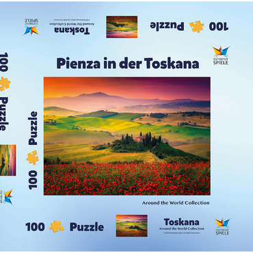 Darstellung des Puzzle Motivs Malerischer Sonnenaufgang in der Toskana - Pienza, Italien 100 Puzzle Schachtel 3D Modell