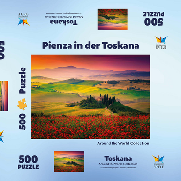 Darstellung des Puzzle Motivs Malerischer Sonnenaufgang in der Toskana - Pienza, Italien 500 Puzzle Schachtel 3D Modell