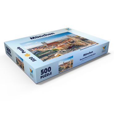 Darstellung des Puzzle Motivs München - Blick auf den Marienplatz mit Rathaus und Frauenkirche - Bayern, Deutschland 500 Puzzle Schachtel Ansicht1